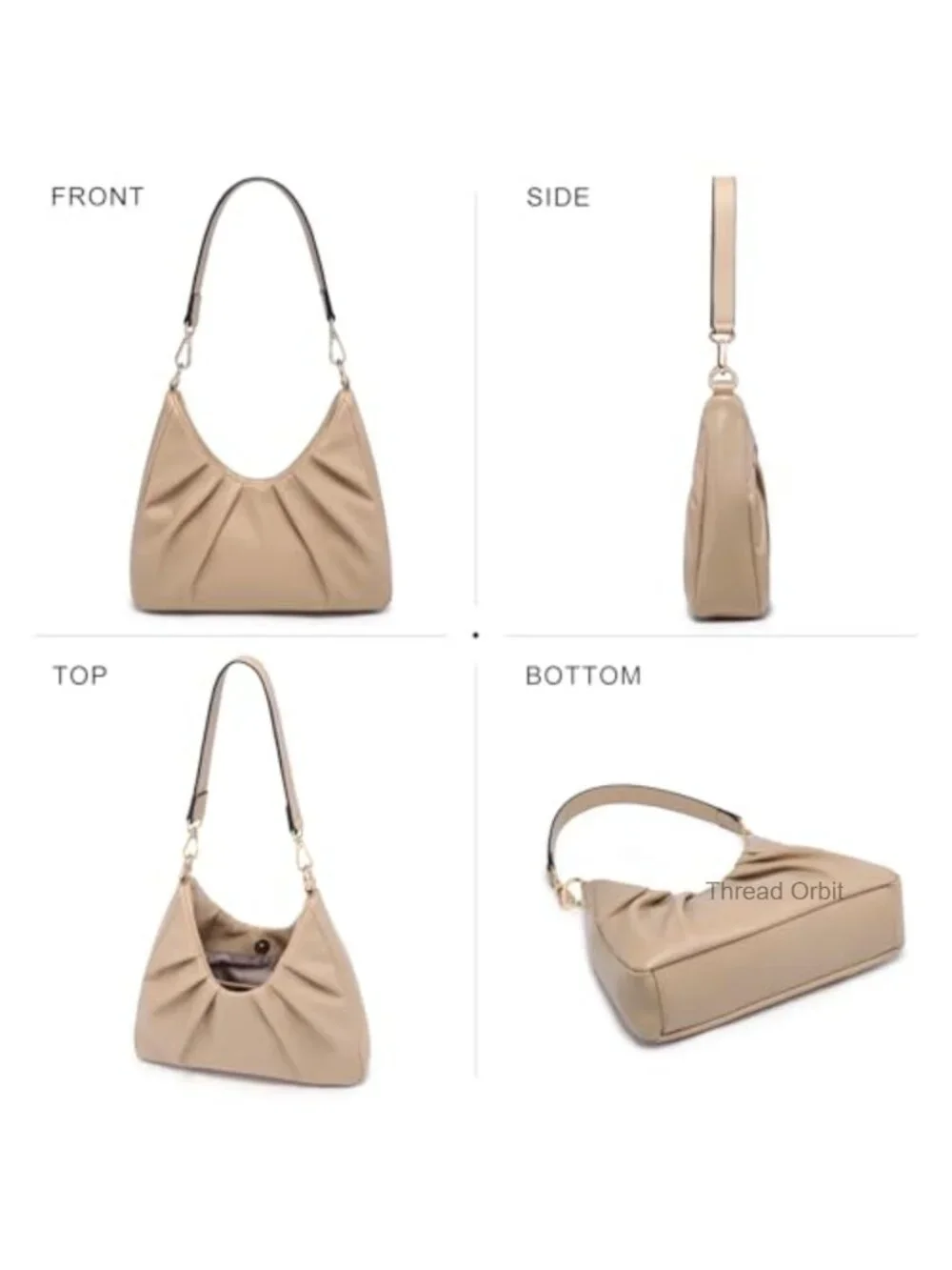 Ruched Hobo Handbag with 2 Removable Straps Crossbody Shoulder Purse